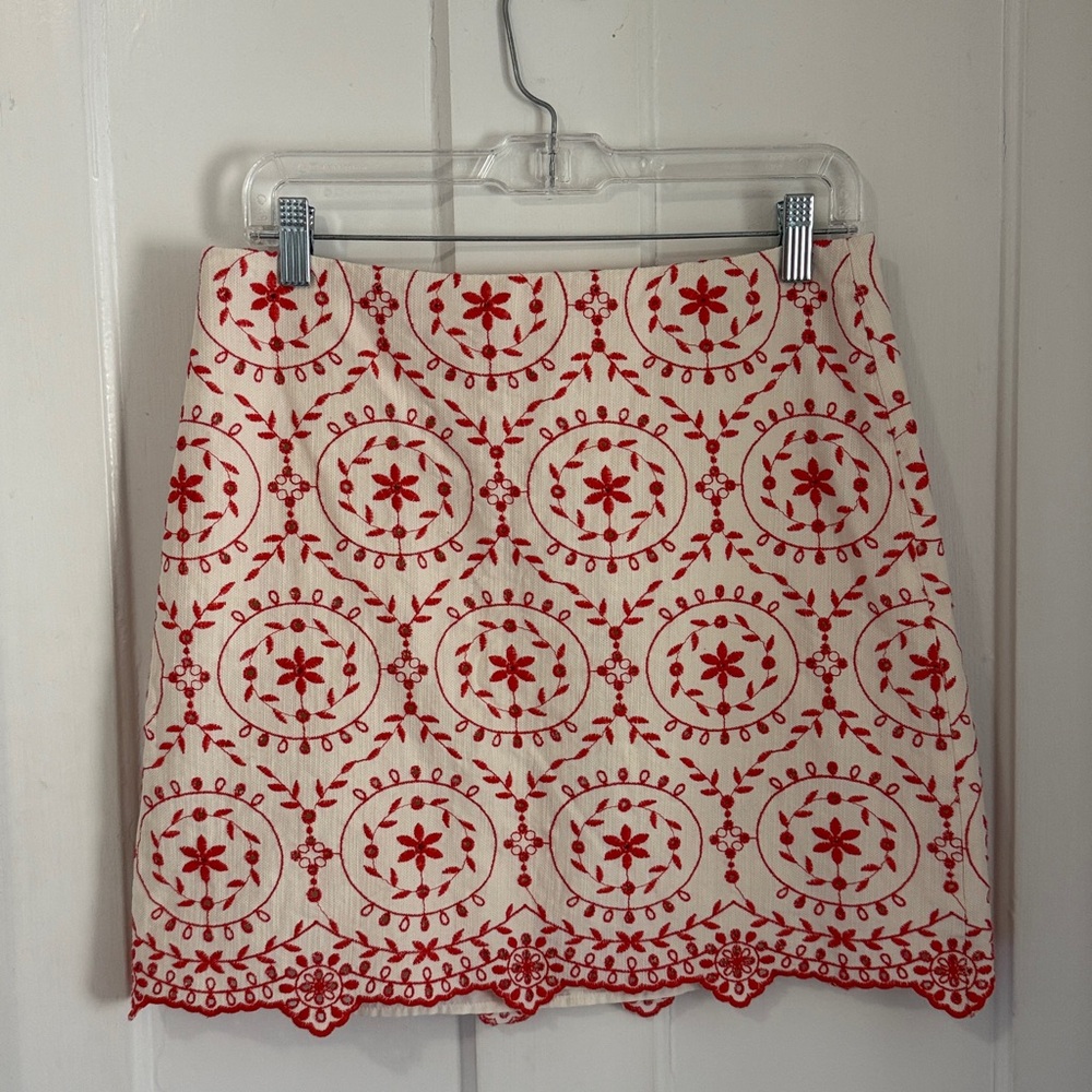 LOFT Floral Embroidered Skirt in Red and Cream
